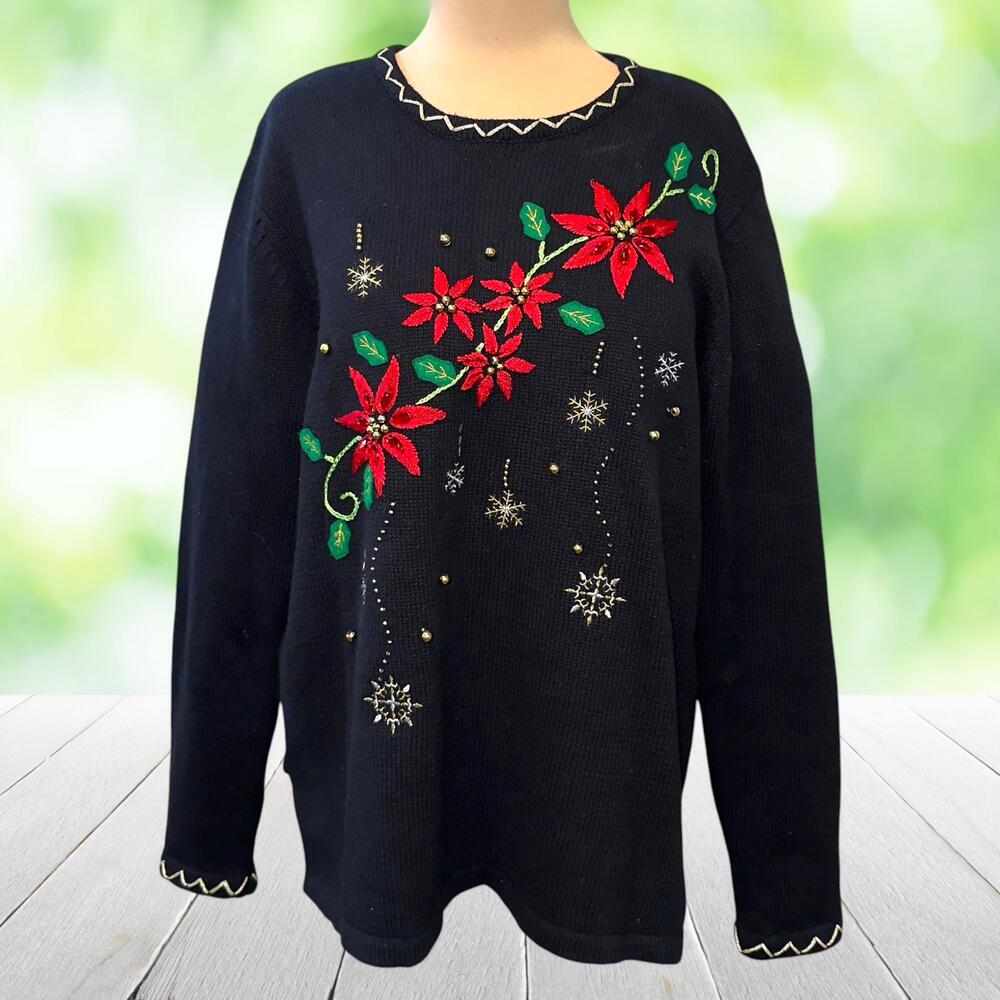 Vintage Embroidered Christmas Sweater Jeweled Beaded Poinsettia Snowflake Size L